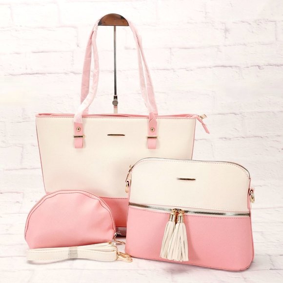 Women's Shoulder Tote Crossbody Bag & Pouch 3 Piece Set Medium Pink/Cream - Picture 1 of 13